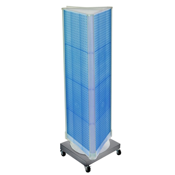 Three-Sided Revolving Pegboard Tower Floor Display on Wheeled Metal Base. Spinner Rack Stand.